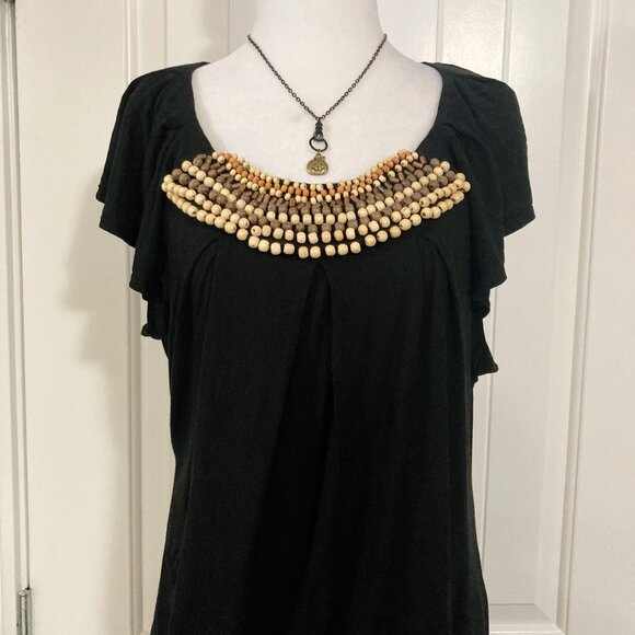 LUNDSTROM Black scoop neck beaded flutter sleeve top ~ Boho LARGE XL shirt tee - Picture 3 of 12